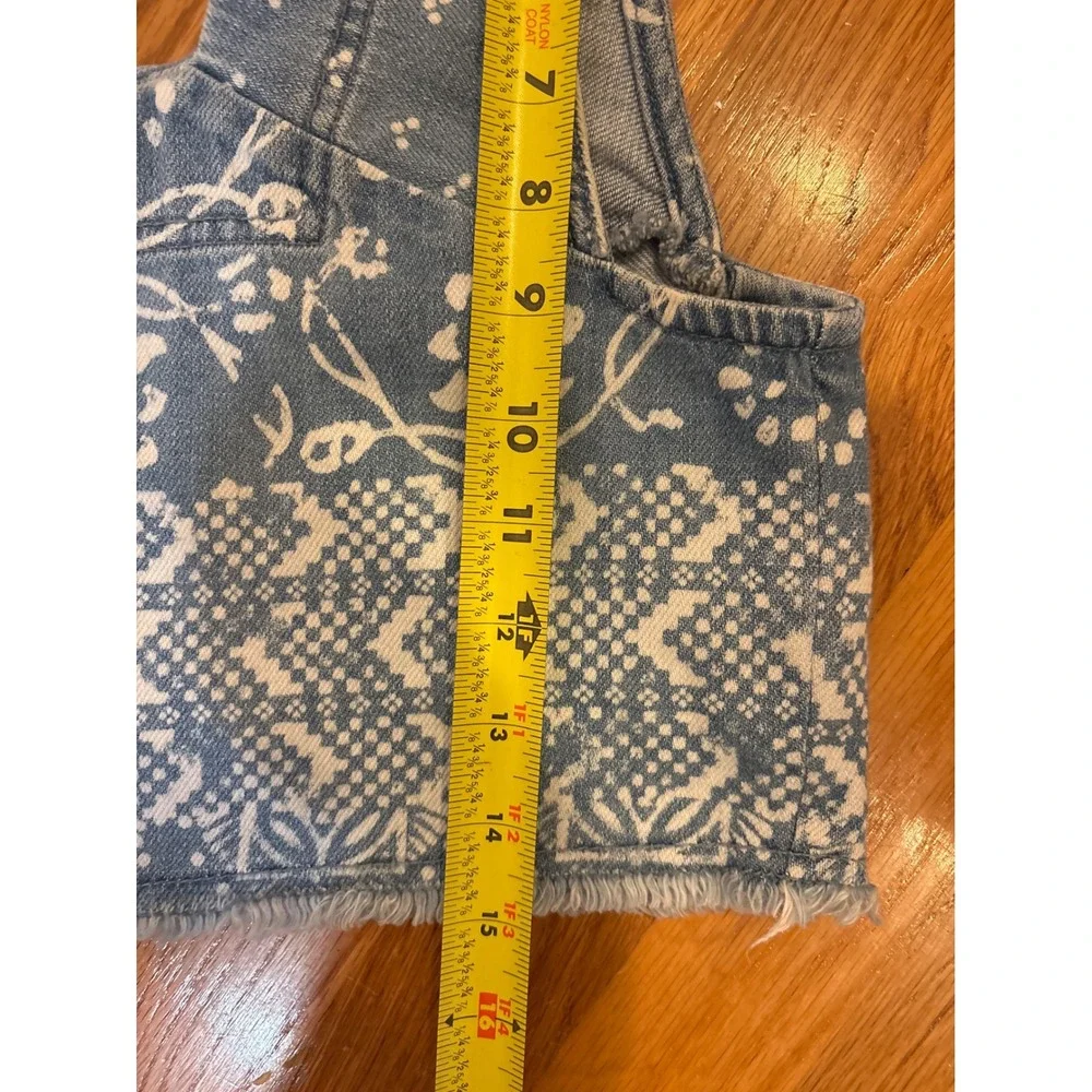 Free People Blue Floral Print Denim Crop Top Button Front Square Neck Medium